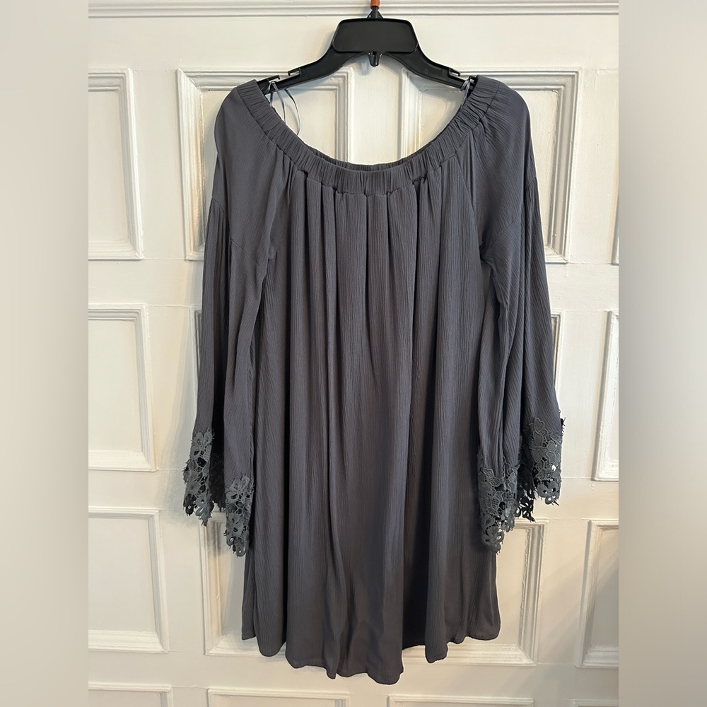 Grayish blue off the shoulder mini dress